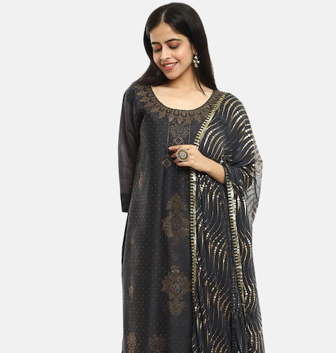 Women Grey Printed Beads and Stones Kurta with Salwar